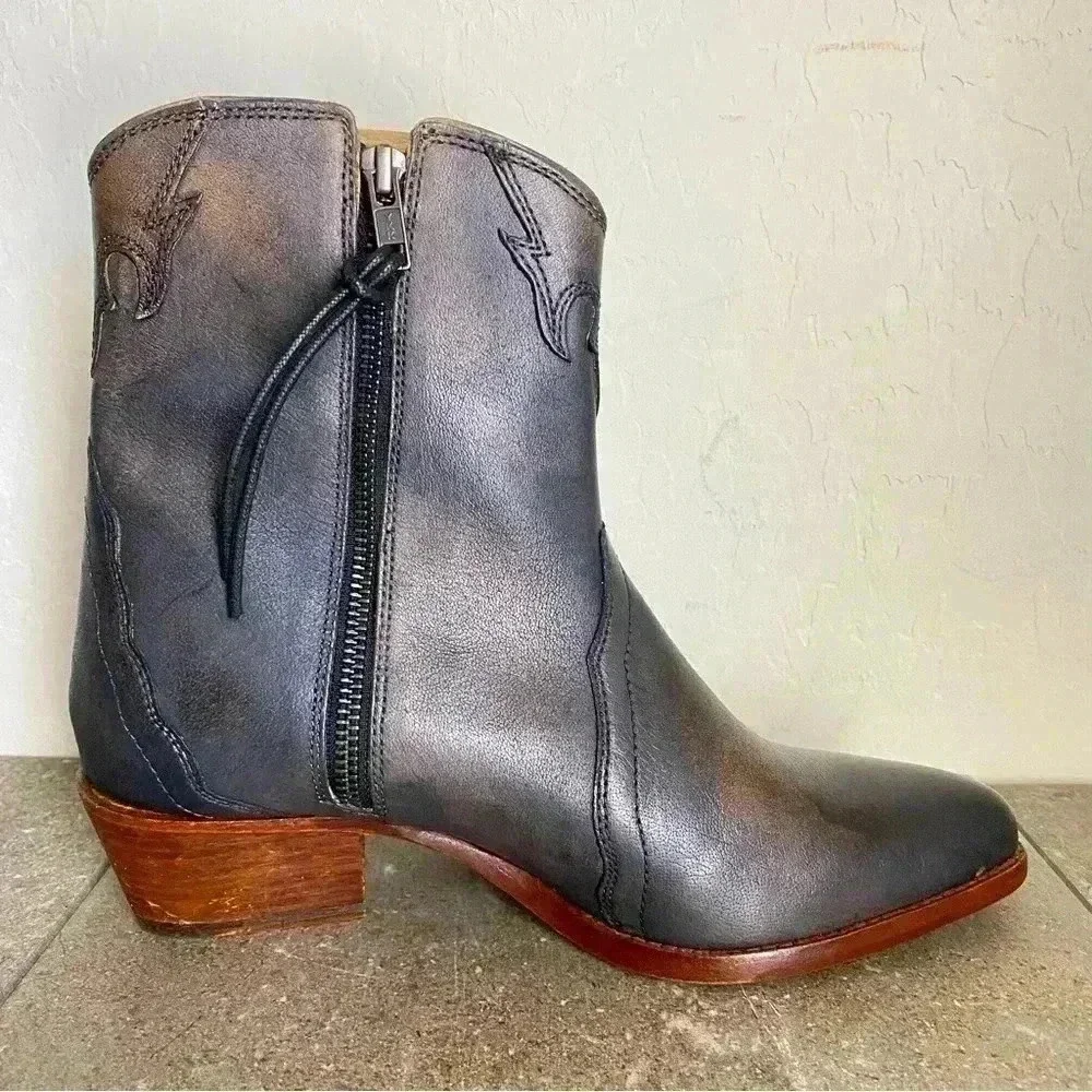 NEW Free People New Frontier Leather Block Heel Western Booties Size US 8.5M